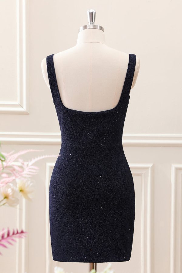 Sparkly Dark Blue Square Neck Bodycon Mini Dress With Slit - Image 2