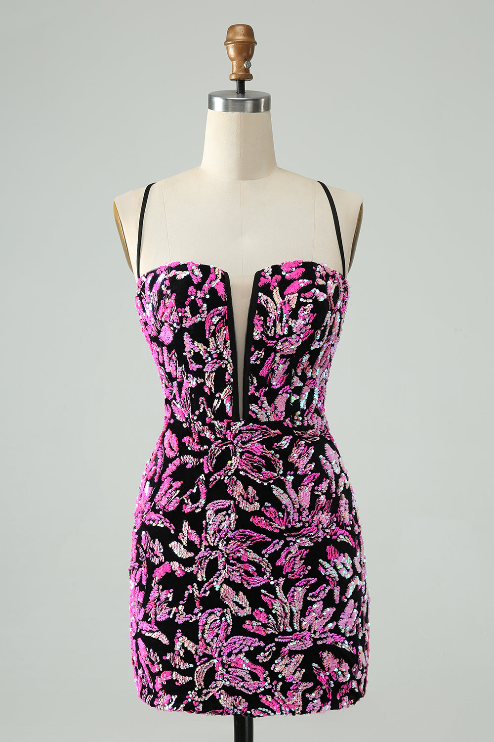 Sparkly Fuchsia Bodycon Spaghetti Straps Sequins Mini Dress - Image 1