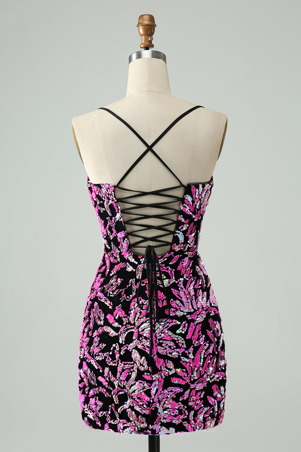 Sparkly Fuchsia Bodycon Spaghetti Straps Sequins Mini Dress - Image 2