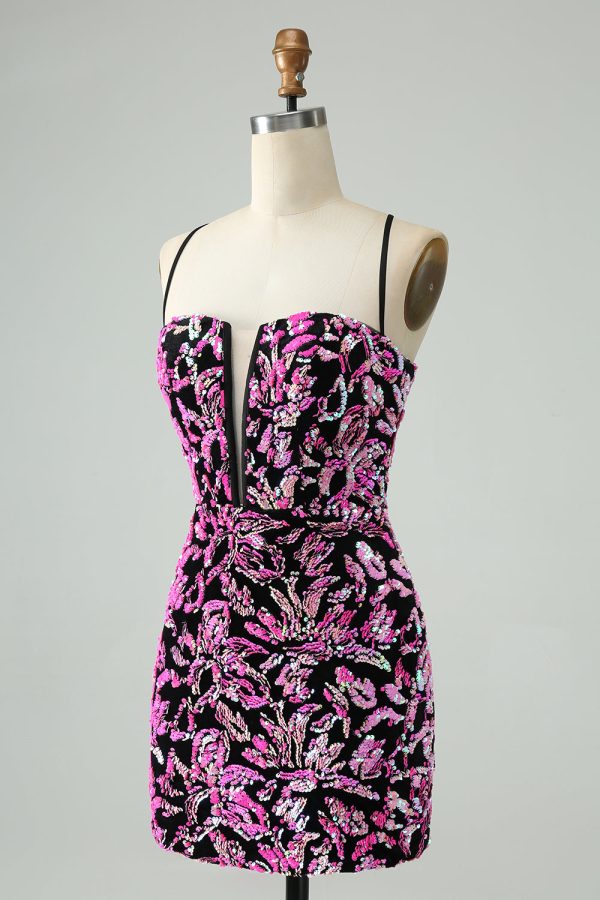 Sparkly Fuchsia Bodycon Spaghetti Straps Sequins Mini Dress - Image 3