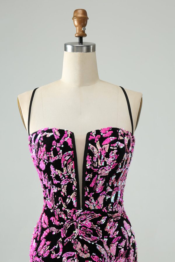 Sparkly Fuchsia Bodycon Spaghetti Straps Sequins Mini Dress - Image 4