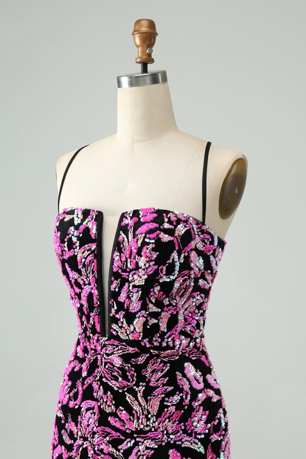 Sparkly Fuchsia Bodycon Spaghetti Straps Sequins Mini Dress - Image 6