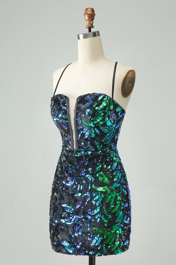 Sparkly Fuchsia Bodycon Spaghetti Straps Sequins Mini Dress - Image 9