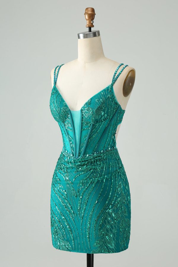 Sparkly Dark Green Bodycon Corset Mini Dress with Sequins - Image 3