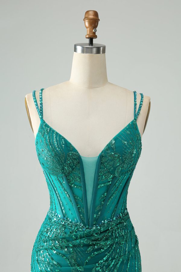 Sparkly Dark Green Bodycon Corset Mini Dress with Sequins - Image 4