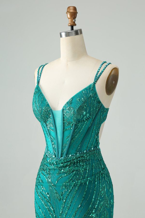 Sparkly Dark Green Bodycon Corset Mini Dress with Sequins - Image 6