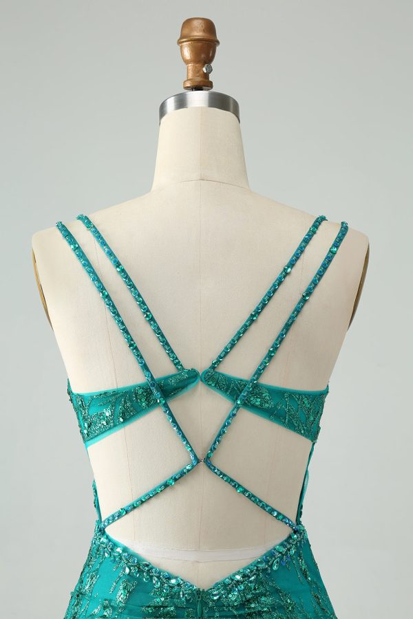Sparkly Dark Green Bodycon Corset Mini Dress with Sequins - Image 5