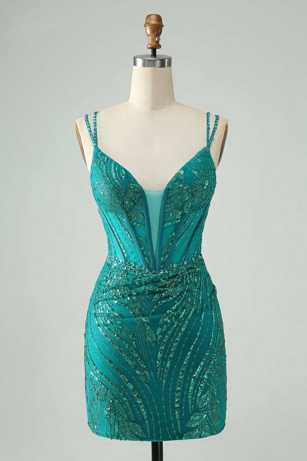 Sparkly Dark Green Bodycon Corset Mini Dress with Sequins - Image 1