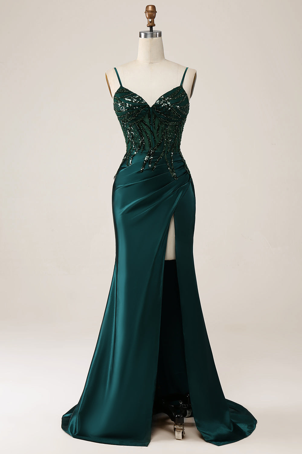 Sparkly Dark Green Mermaid Sequin Pleated Corset Maxi Dress with Slit - Image 1