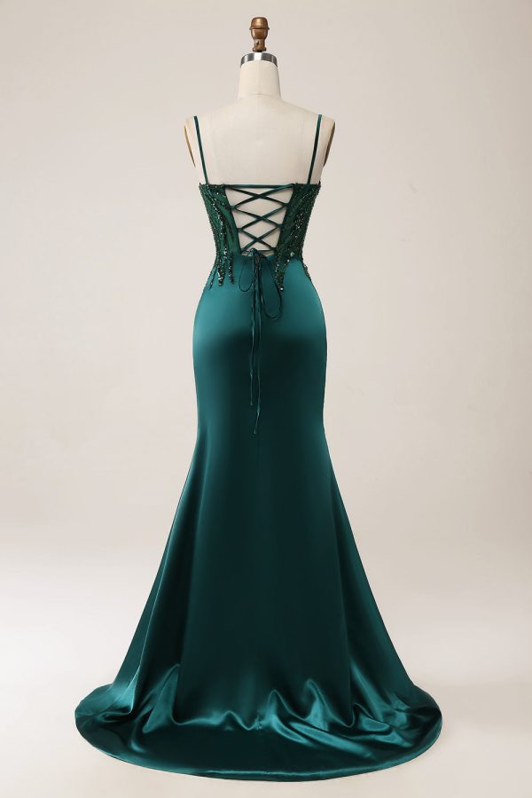 Sparkly Dark Green Mermaid Sequin Pleated Corset Maxi Dress with Slit - Image 2