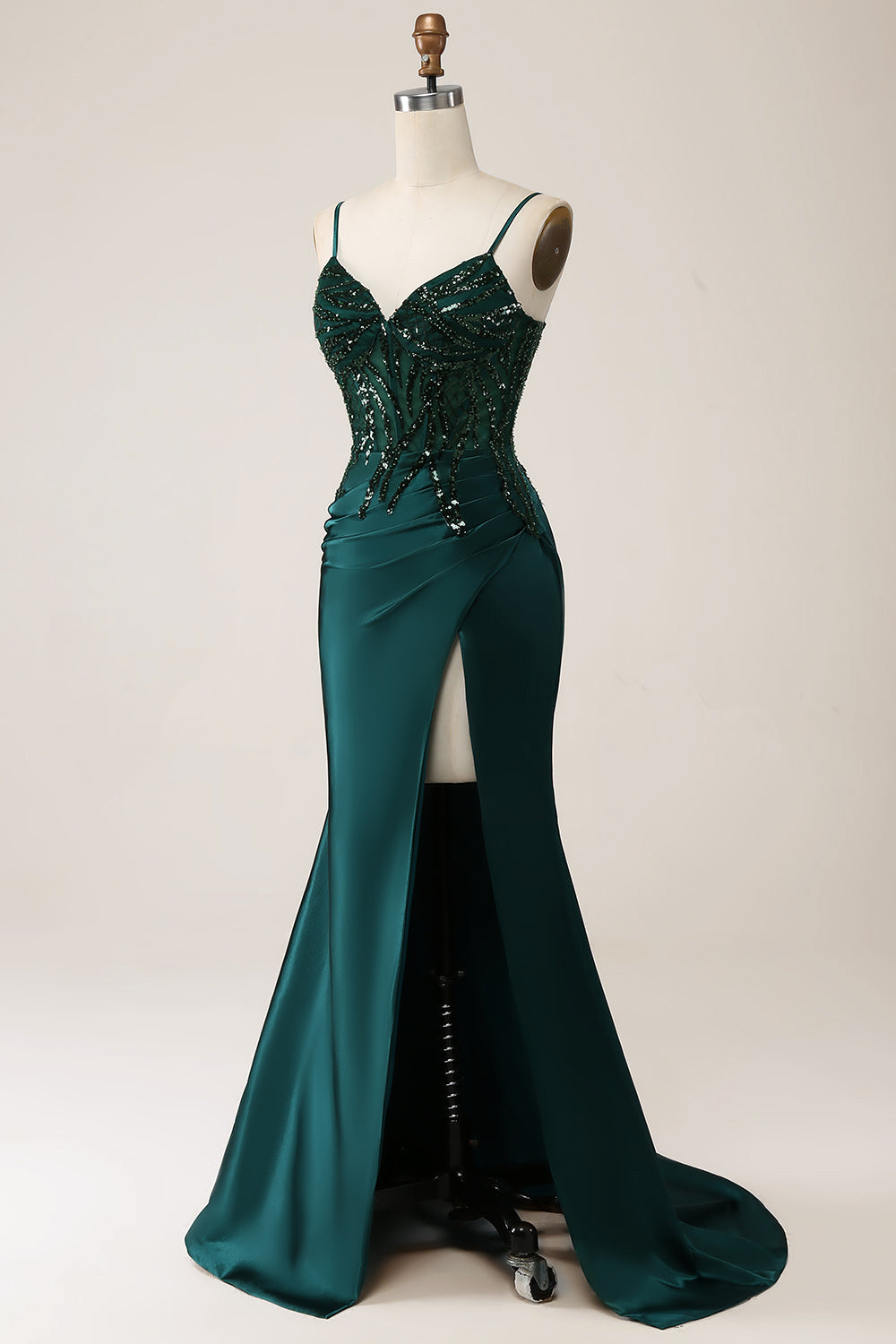 Sparkly Dark Green Mermaid Sequin Pleated Corset Maxi Dress with Slit - Image 5