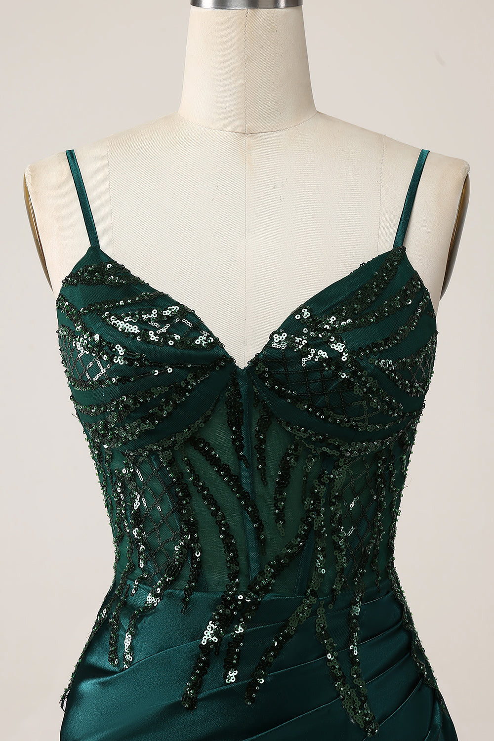 Sparkly Dark Green Mermaid Sequin Pleated Corset Maxi Dress with Slit - Image 6