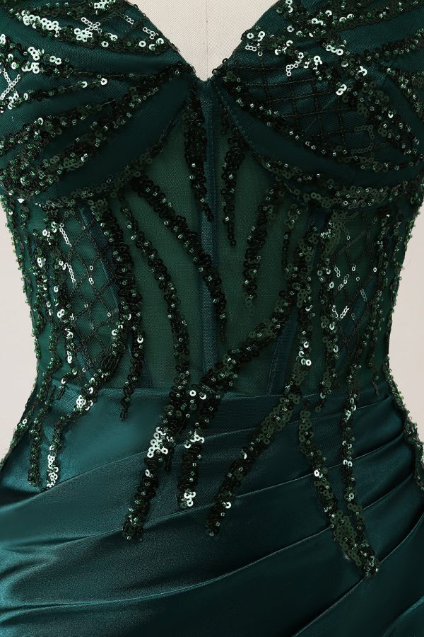 Sparkly Dark Green Mermaid Sequin Pleated Corset Maxi Dress with Slit - Image 7