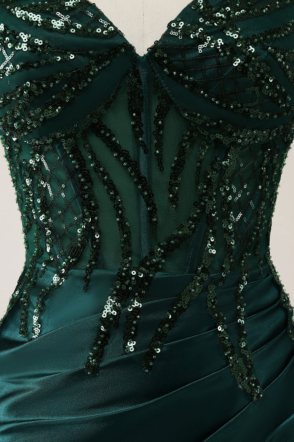 Sparkly Dark Green Mermaid Sequin Pleated Corset Maxi Dress with Slit - Image 7