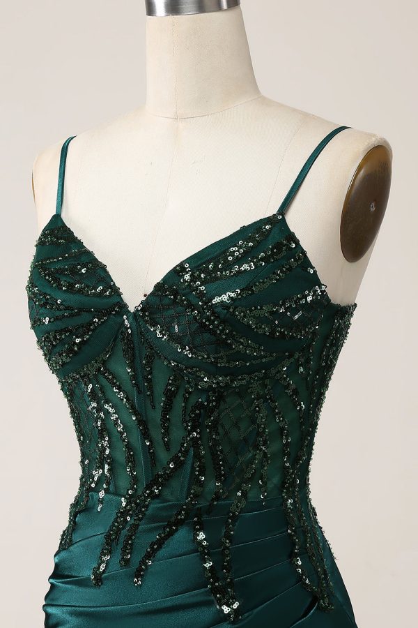 Sparkly Dark Green Mermaid Sequin Pleated Corset Maxi Dress with Slit - Image 8