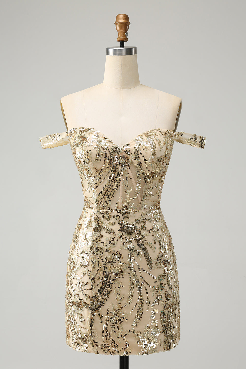Sparkly Bodycon Golden Off The Shoulder Mini Dress with Sequins - Image 1