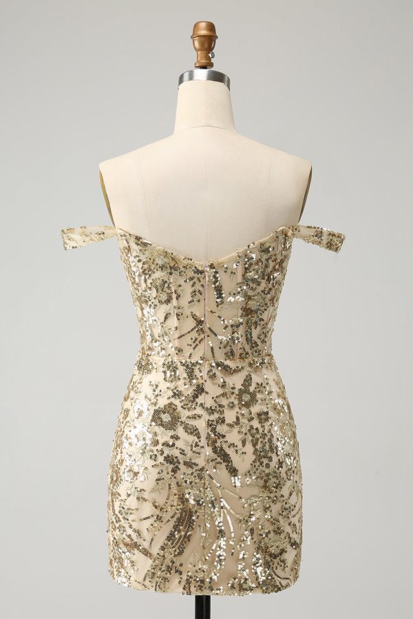 Sparkly Bodycon Golden Off The Shoulder Mini Dress with Sequins - Image 2