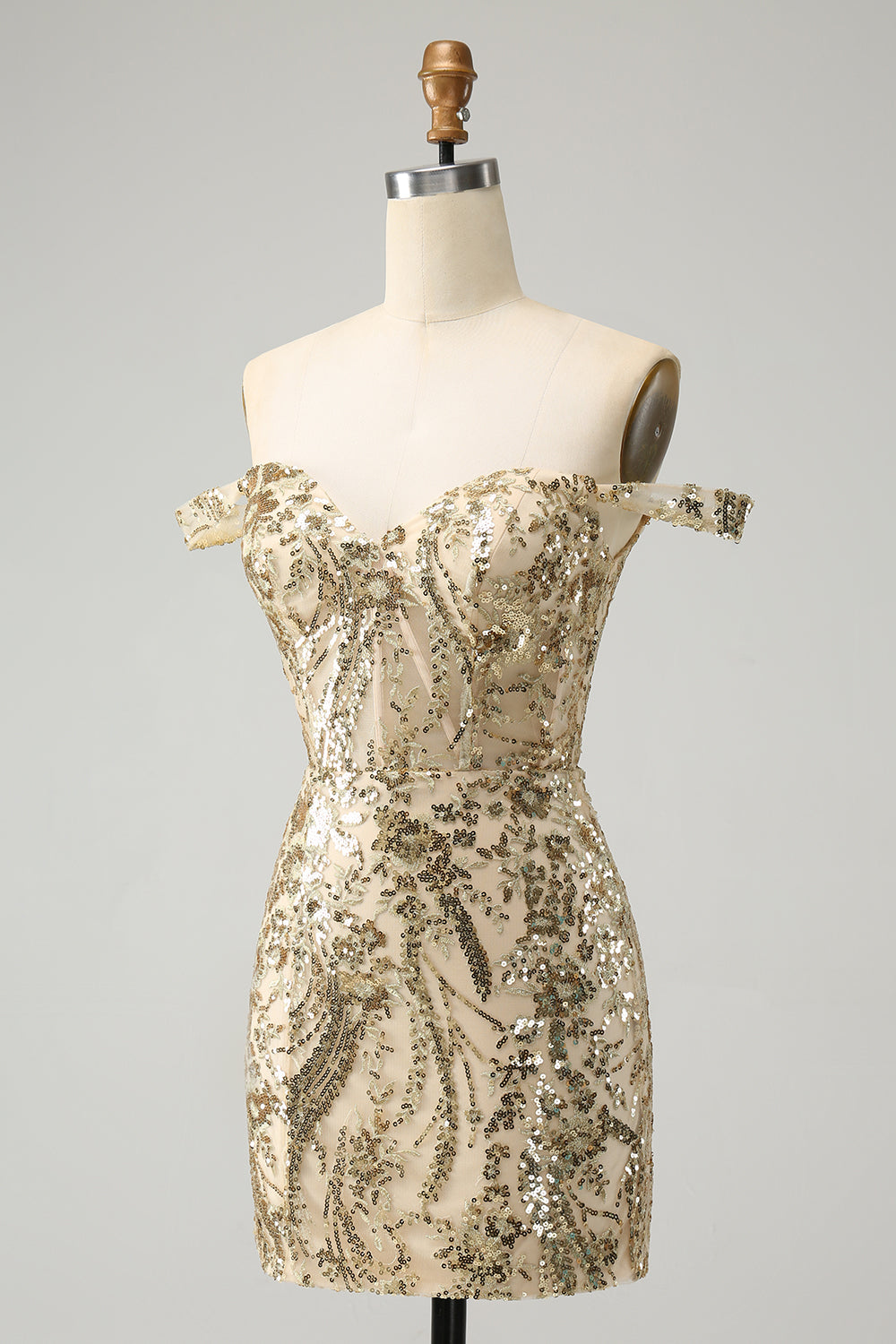 Sparkly Bodycon Golden Off The Shoulder Mini Dress with Sequins - Image 3