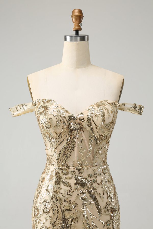 Sparkly Bodycon Golden Off The Shoulder Mini Dress with Sequins - Image 4