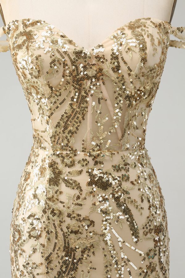Sparkly Bodycon Golden Off The Shoulder Mini Dress with Sequins - Image 7