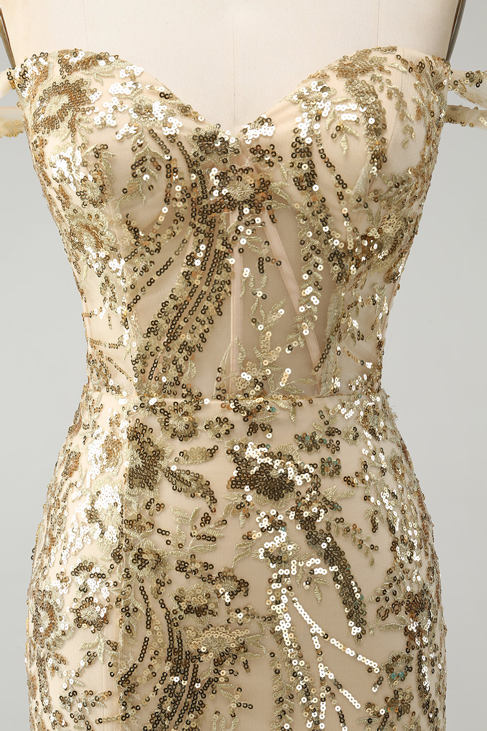Sparkly Bodycon Golden Off The Shoulder Mini Dress with Sequins - Image 7