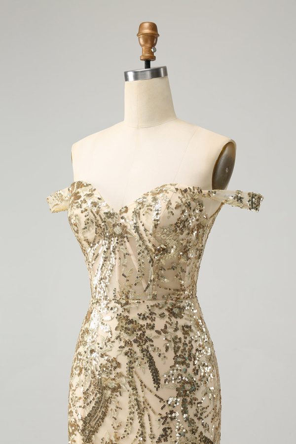 Sparkly Bodycon Golden Off The Shoulder Mini Dress with Sequins - Image 6