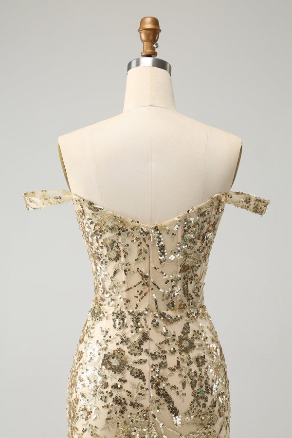 Sparkly Bodycon Golden Off The Shoulder Mini Dress with Sequins - Image 5