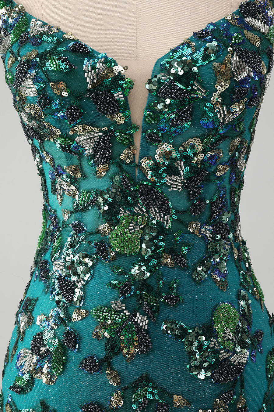 Sparkly Dark Green Beaded Sequins Bodycon Mini Dress with Lace-up Back - Image 7