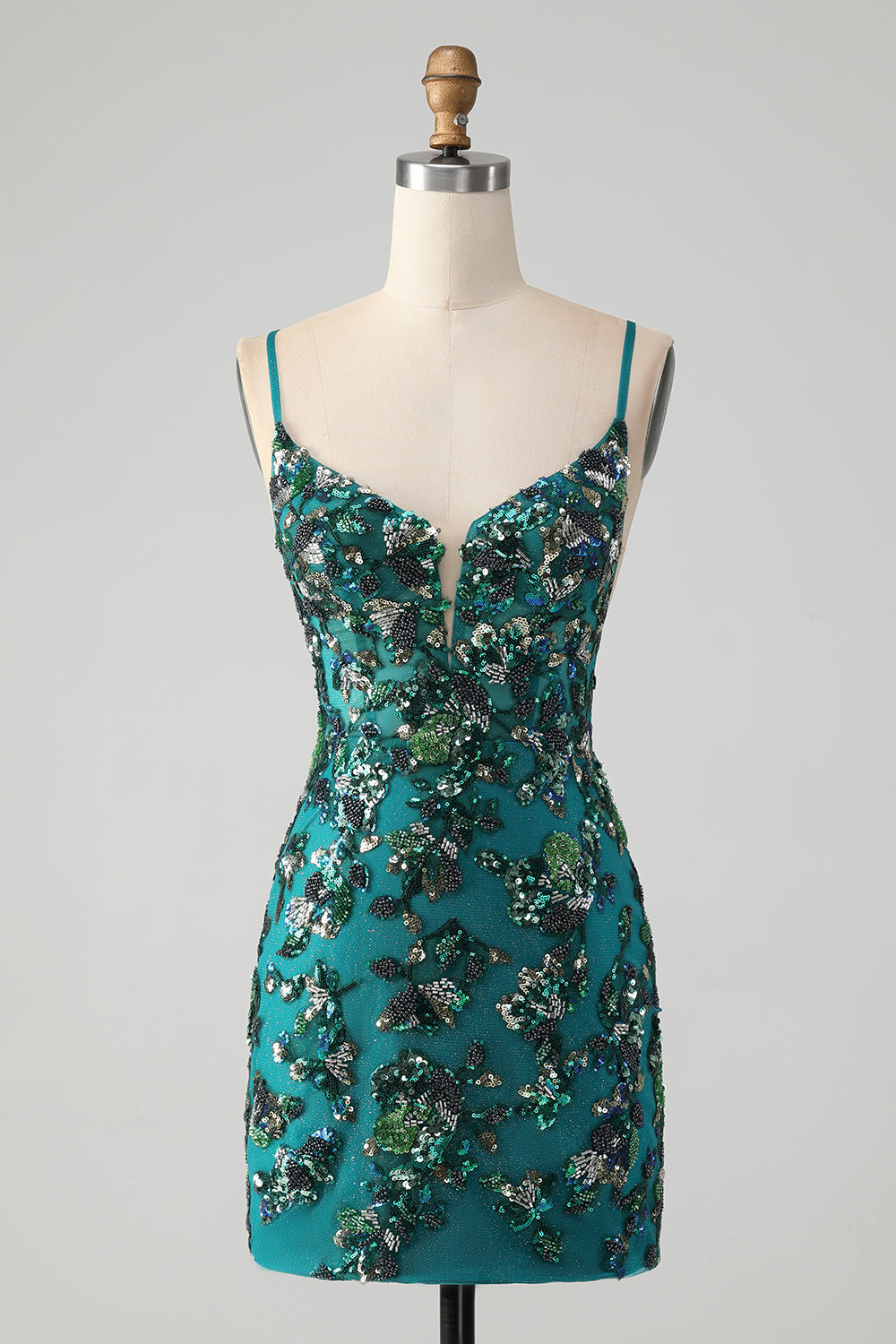 Sparkly Dark Green Beaded Sequins Bodycon Mini Dress with Lace-up Back - Image 1