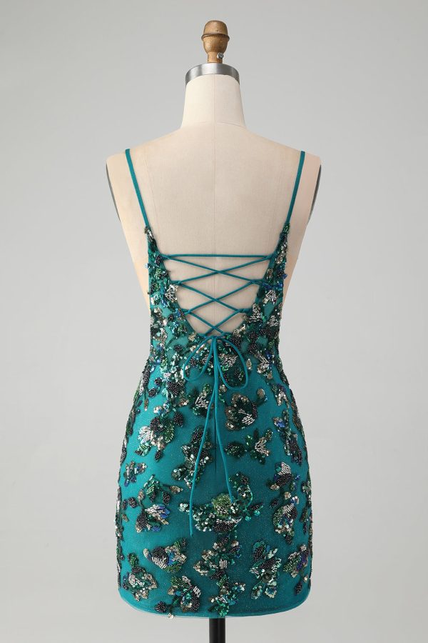 Sparkly Dark Green Beaded Sequins Bodycon Mini Dress with Lace-up Back - Image 2