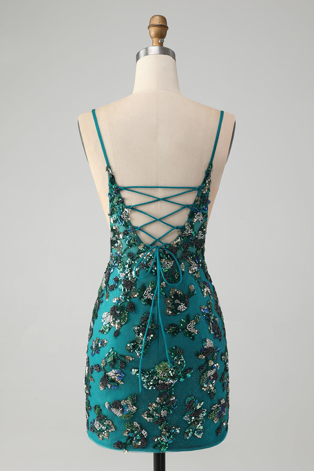 Sparkly Dark Green Beaded Sequins Bodycon Mini Dress with Lace-up Back - Image 2