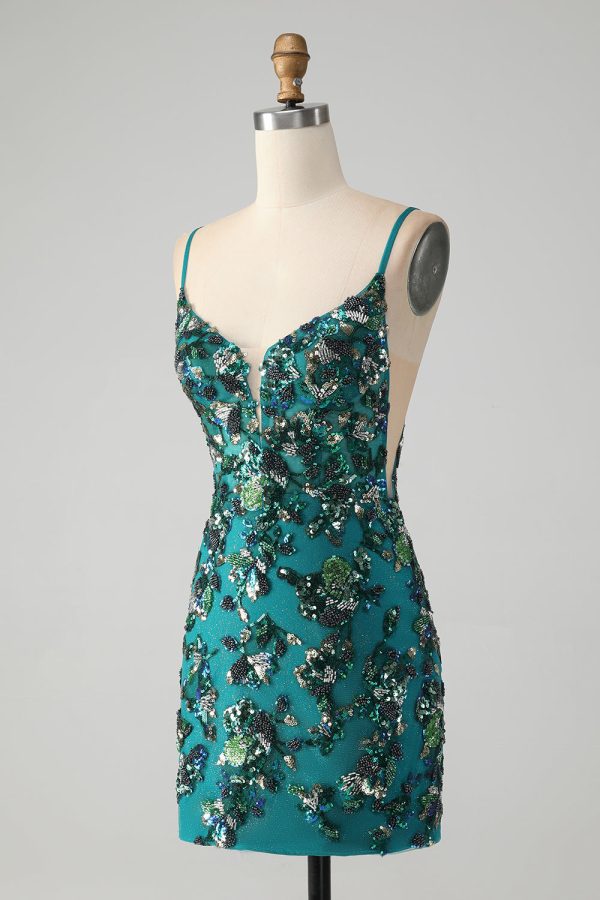 Sparkly Dark Green Beaded Sequins Bodycon Mini Dress with Lace-up Back - Image 3