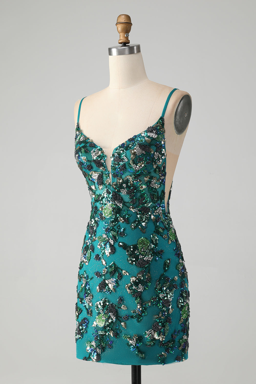 Sparkly Dark Green Beaded Sequins Bodycon Mini Dress with Lace-up Back - Image 3