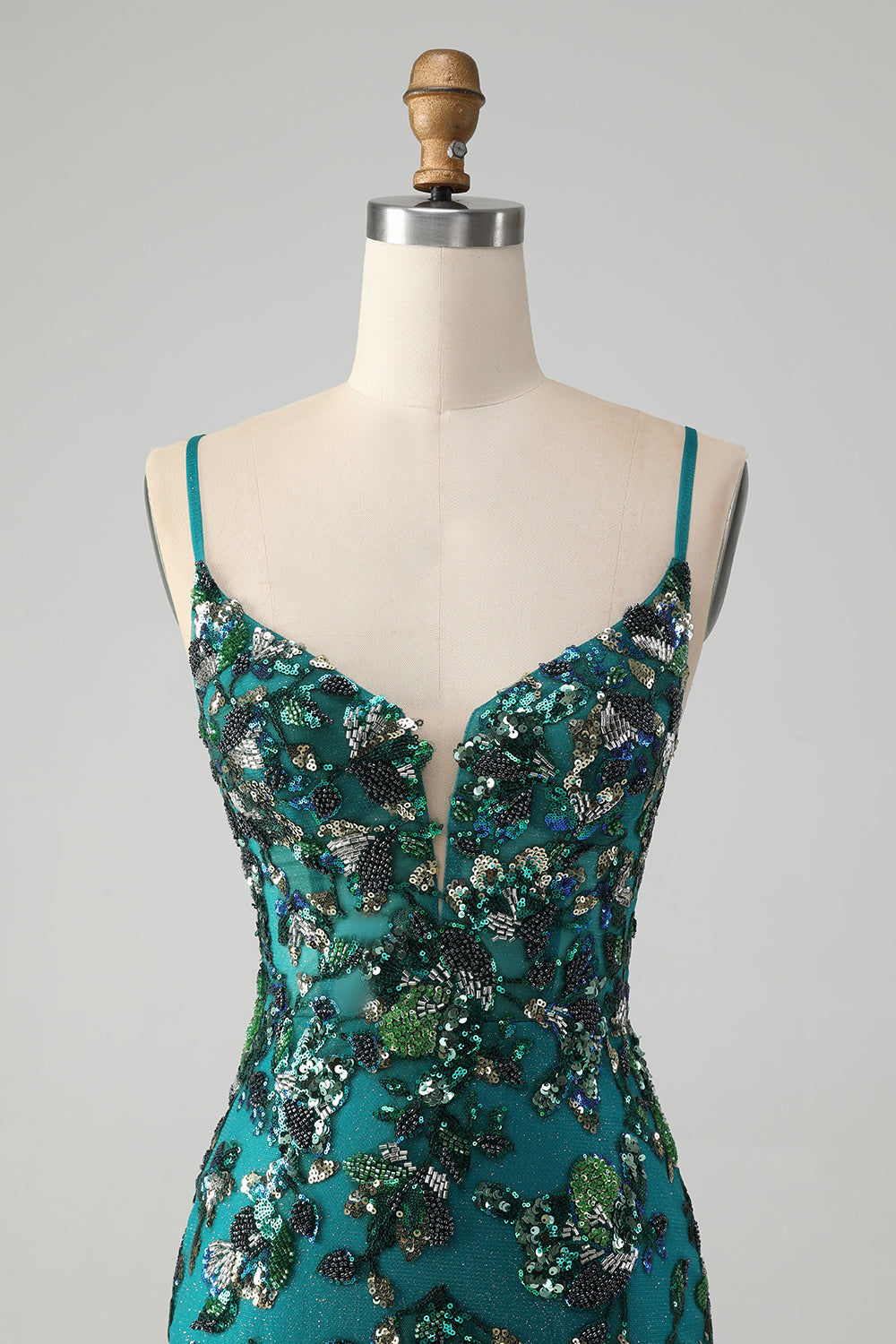 Sparkly Dark Green Beaded Sequins Bodycon Mini Dress with Lace-up Back - Image 4