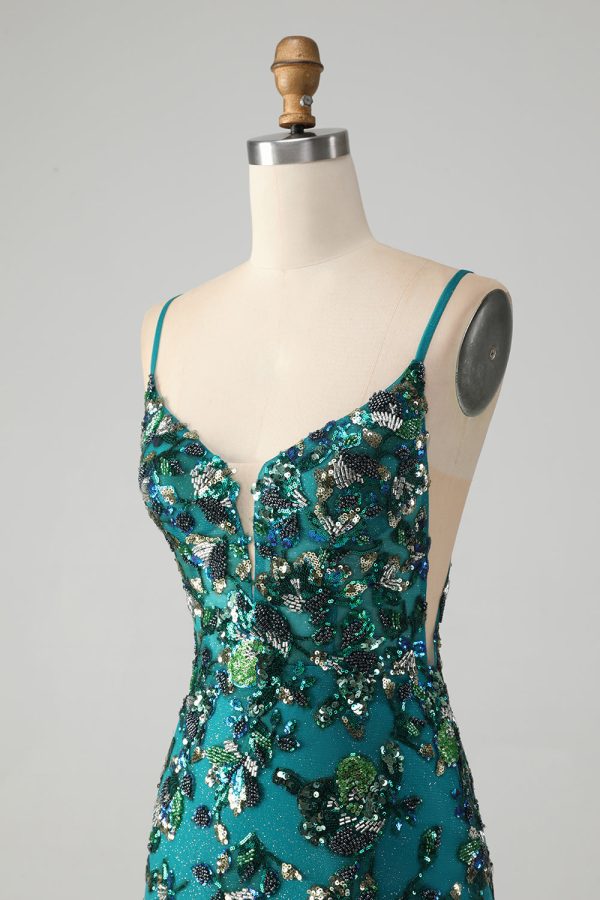 Sparkly Dark Green Beaded Sequins Bodycon Mini Dress with Lace-up Back - Image 6