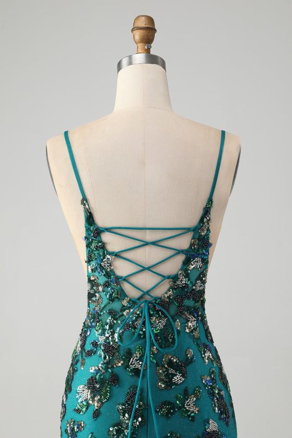 Sparkly Dark Green Beaded Sequins Bodycon Mini Dress with Lace-up Back - Image 5