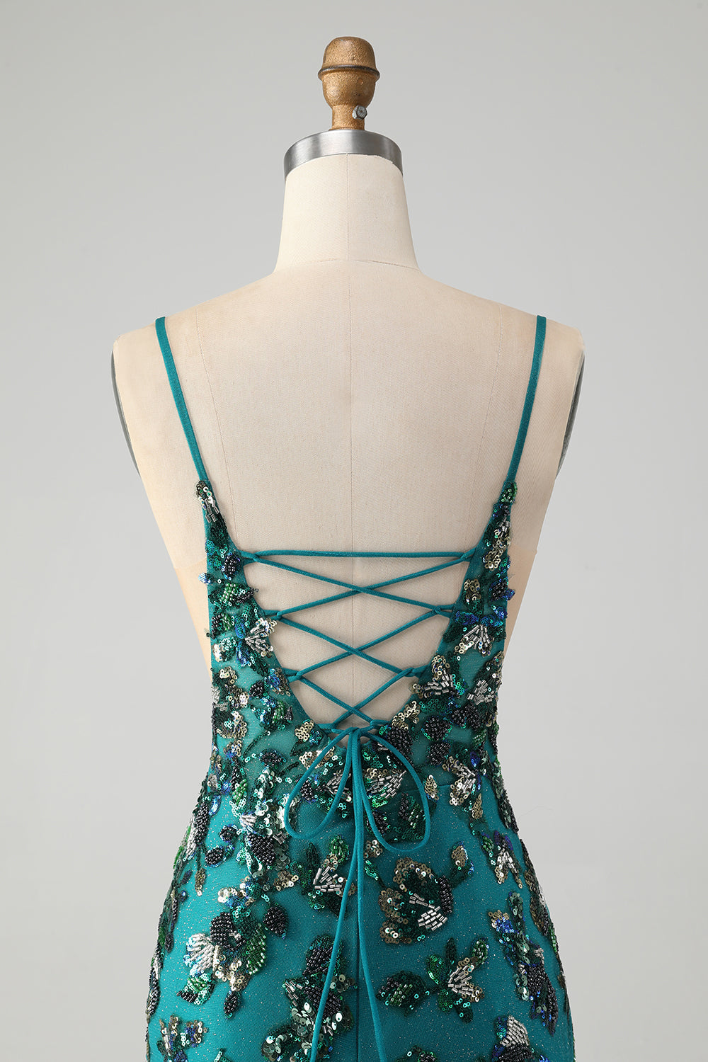 Sparkly Dark Green Beaded Sequins Bodycon Mini Dress with Lace-up Back - Image 5