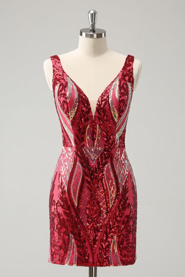 Sparkly Dark Purple Sequined Tight V Neck Mini Dress - Image 14
