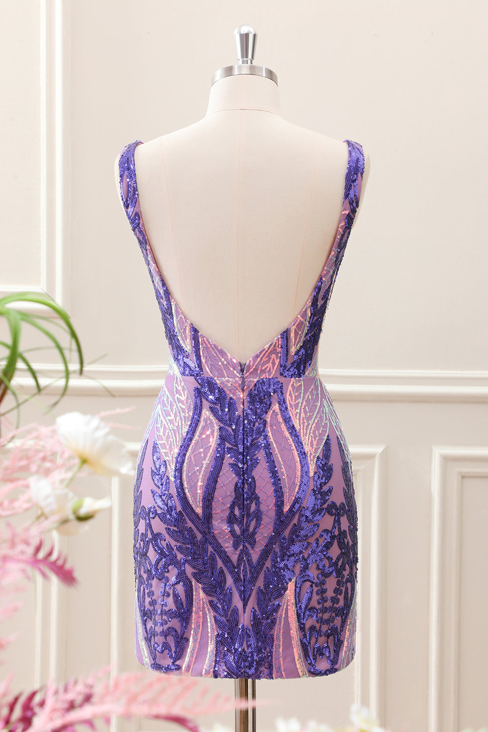 Sparkly Dark Purple Sequined Tight V Neck Mini Dress - Image 2