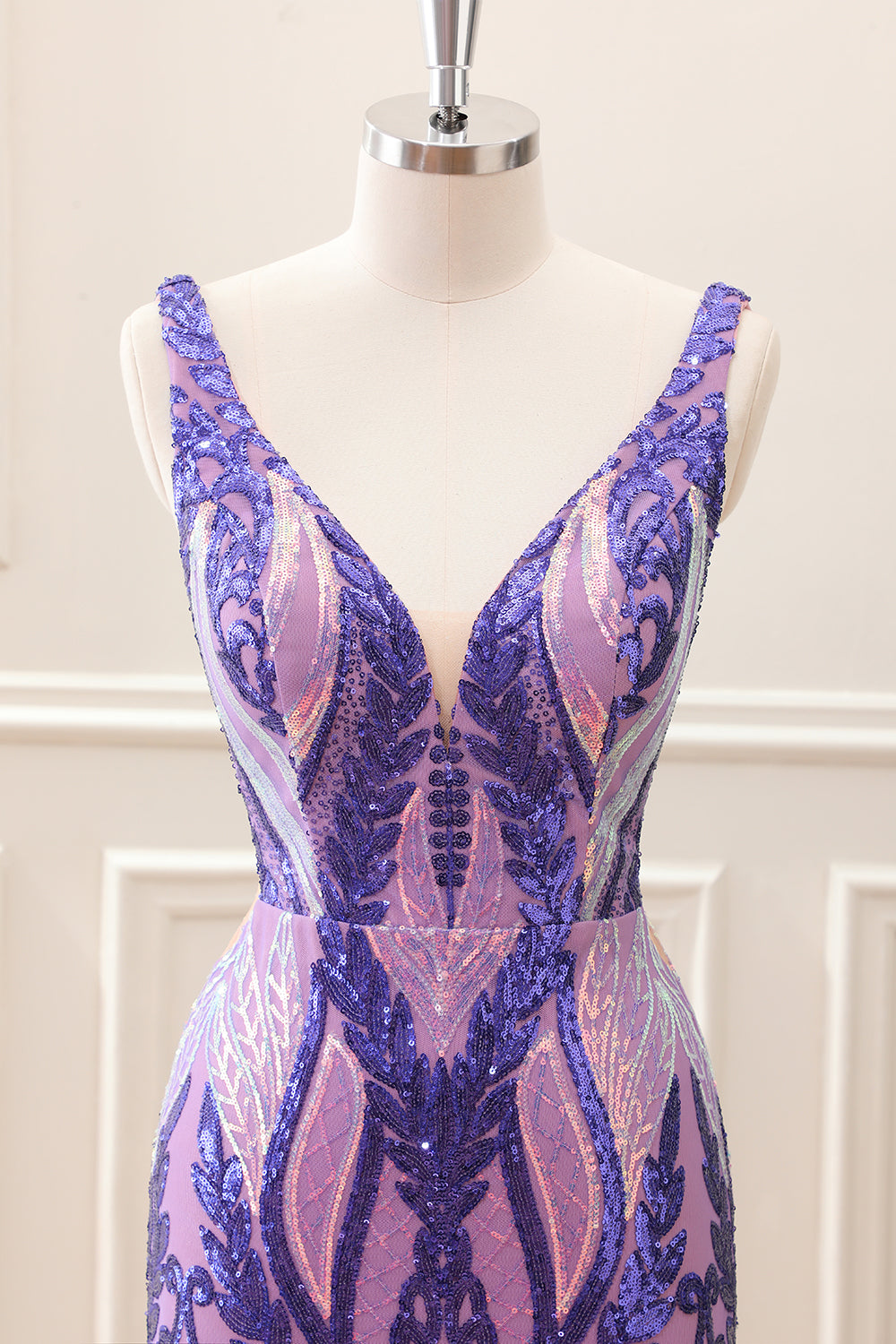 Sparkly Dark Purple Sequined Tight V Neck Mini Dress - Image 4