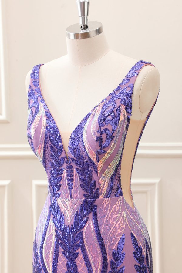 Sparkly Dark Purple Sequined Tight V Neck Mini Dress - Image 6