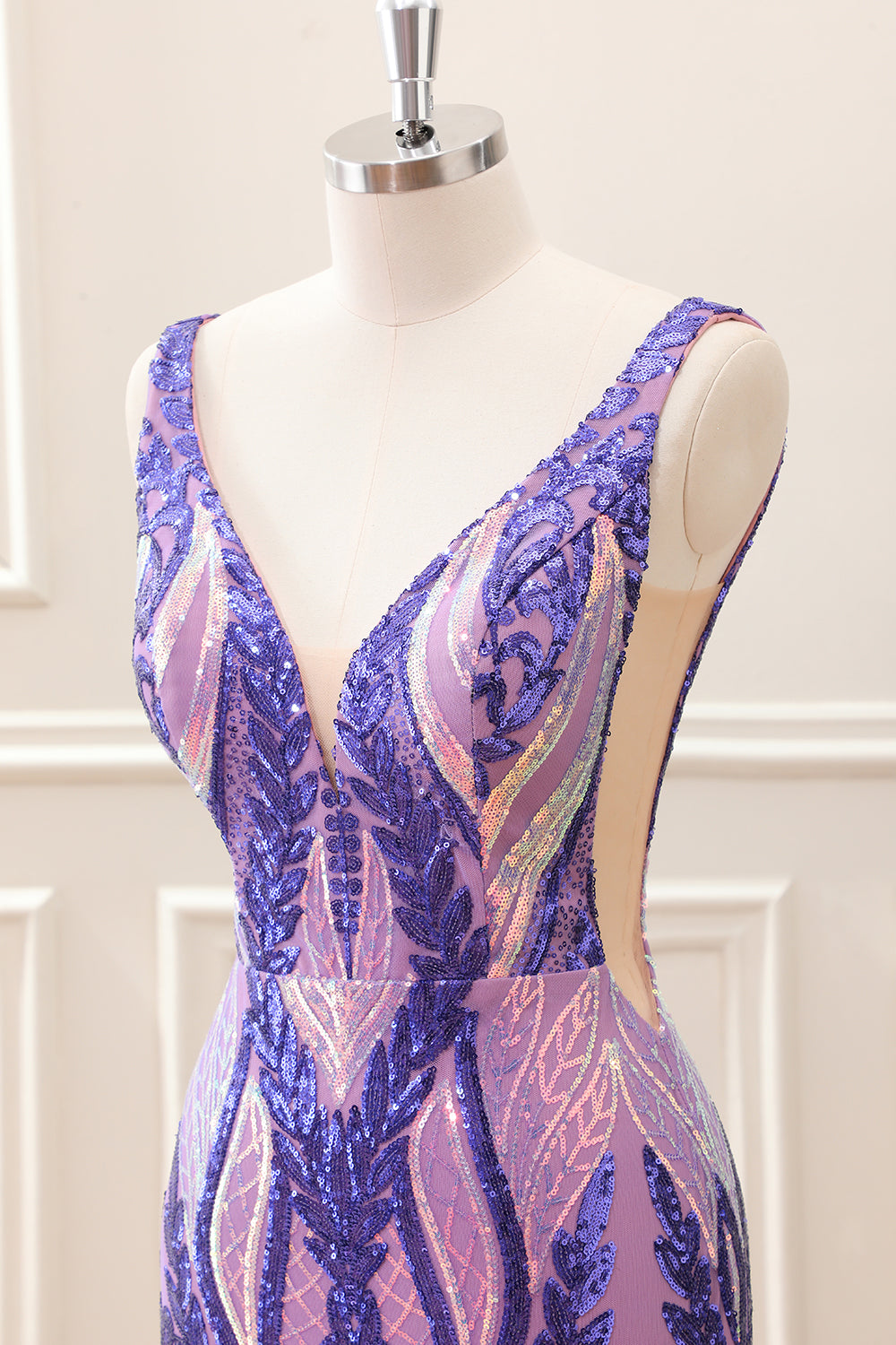 Sparkly Dark Purple Sequined Tight V Neck Mini Dress - Image 6