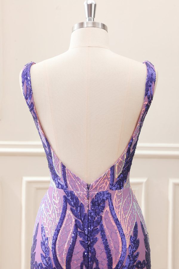 Sparkly Dark Purple Sequined Tight V Neck Mini Dress - Image 5