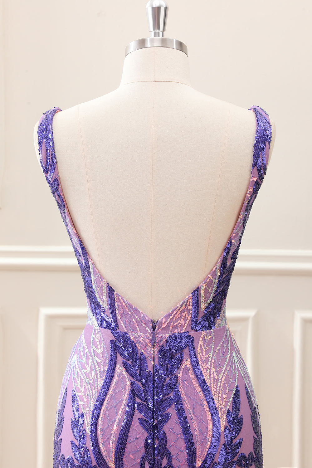 Sparkly Dark Purple Sequined Tight V Neck Mini Dress - Image 5