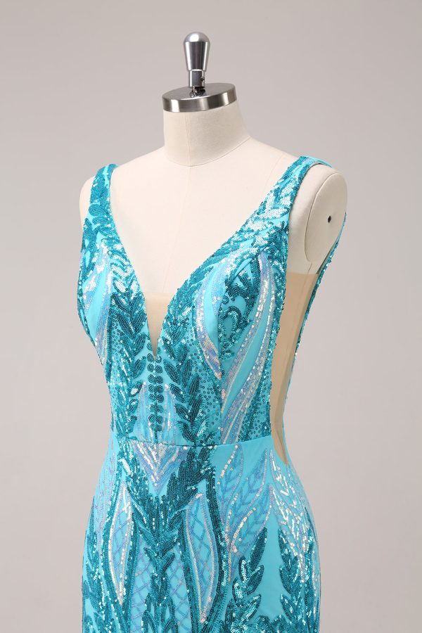 Sparkly Dark Purple Sequined Tight V Neck Mini Dress - Image 11