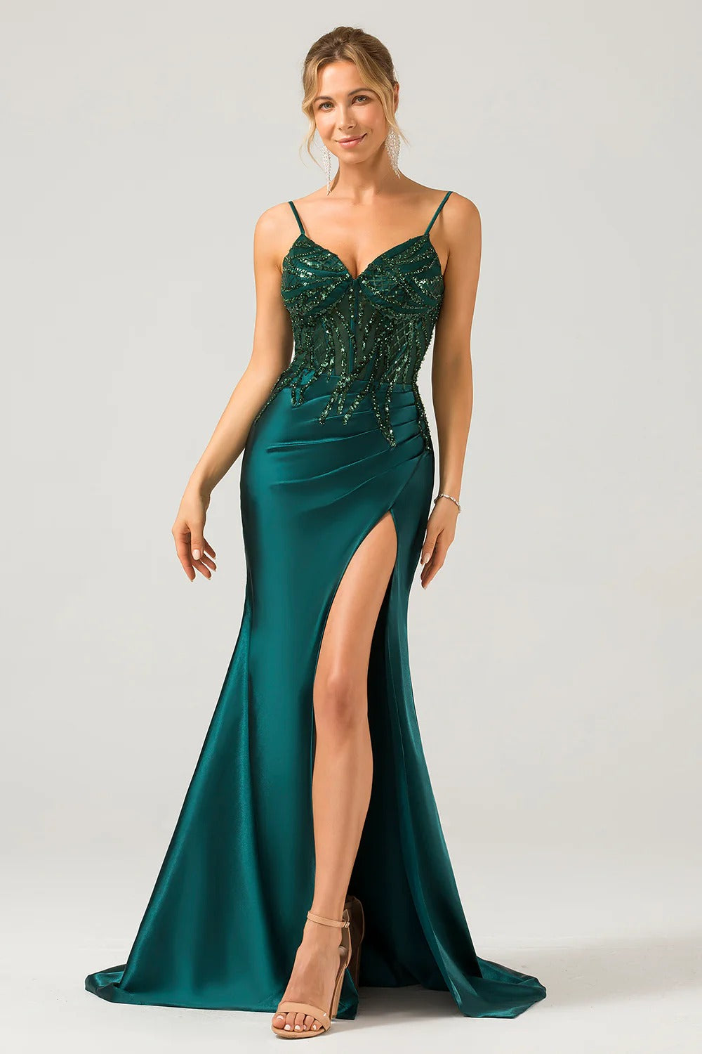Sparkly Dark Green Mermaid Sequin Pleated Corset Maxi Dress with Slit - Image 3