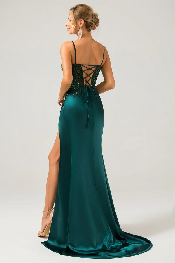 Sparkly Dark Green Mermaid Sequin Pleated Corset Maxi Dress with Slit - Image 4