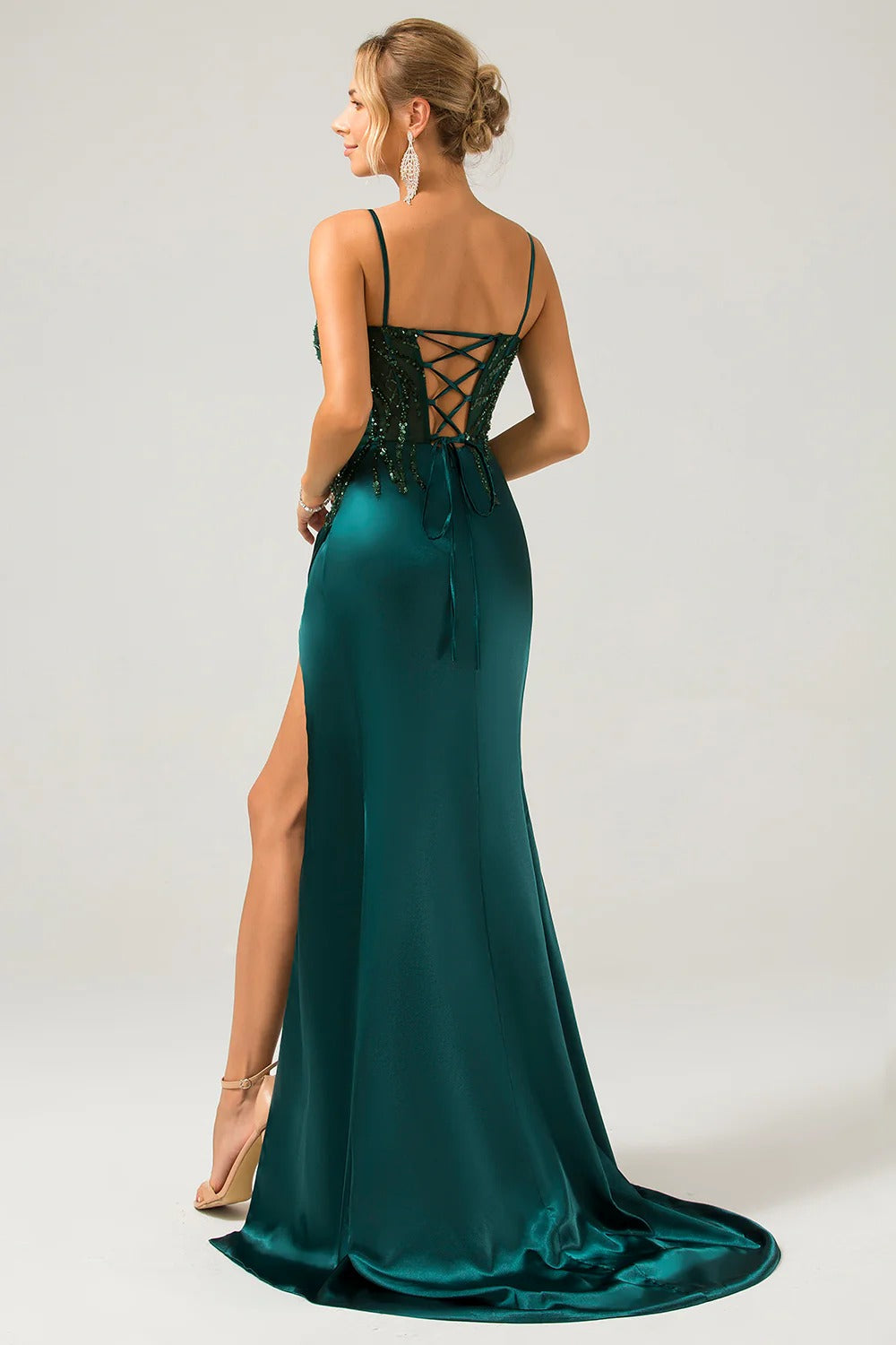 Sparkly Dark Green Mermaid Sequin Pleated Corset Maxi Dress with Slit - Image 4